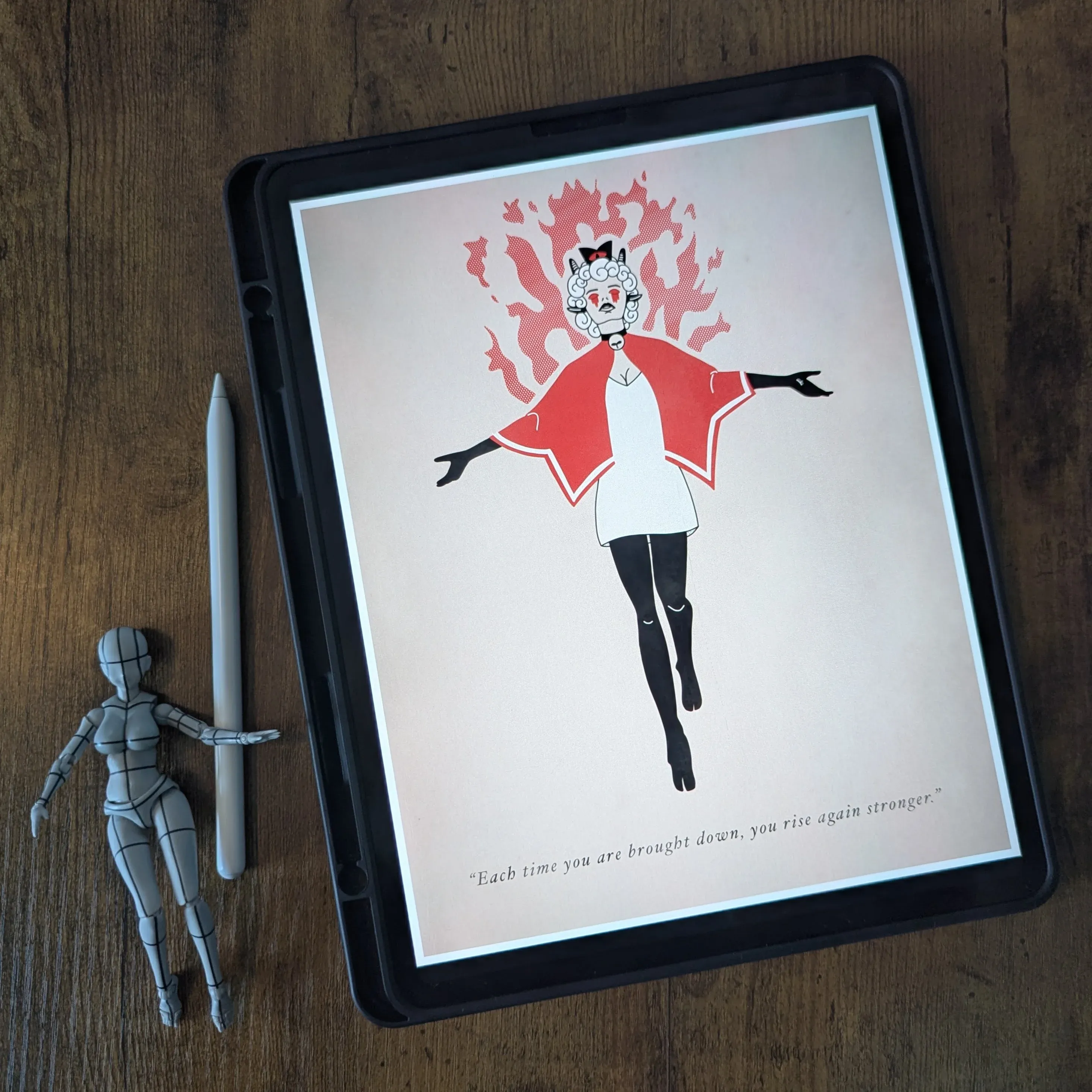 picture of an ipad and apple pen including a piece of art depicting a woman as the lamb from the cult of the lamb game.
