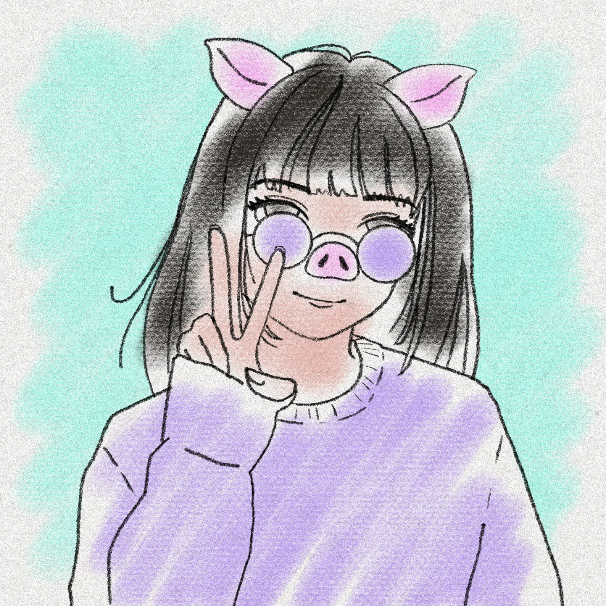 a messy digital sketch drawing of a woman giving a peace sign wearing a pig nose with sunglasses in an anime-inspired style.